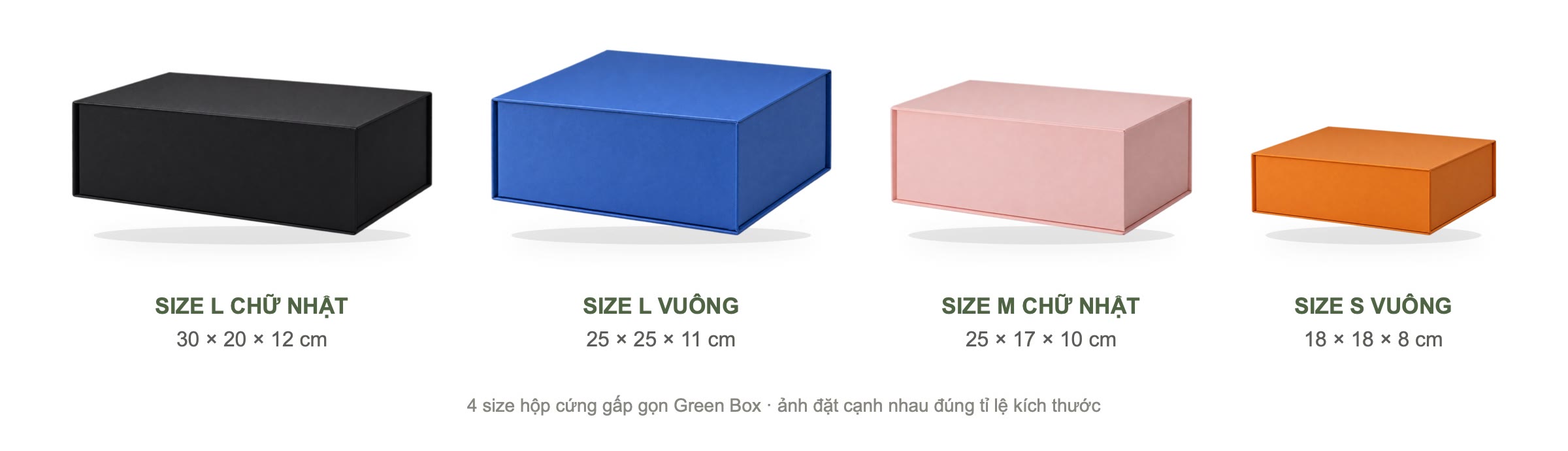 So sánh 4 size hộp cứng gấp gọn đặt cạnh nhau đúng tỉ lệ
